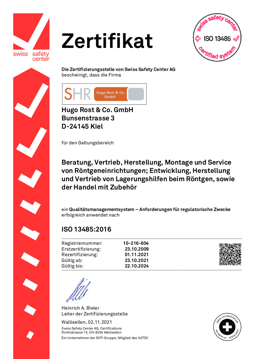Hugo Rost Zertifikat ISO 13485 neu